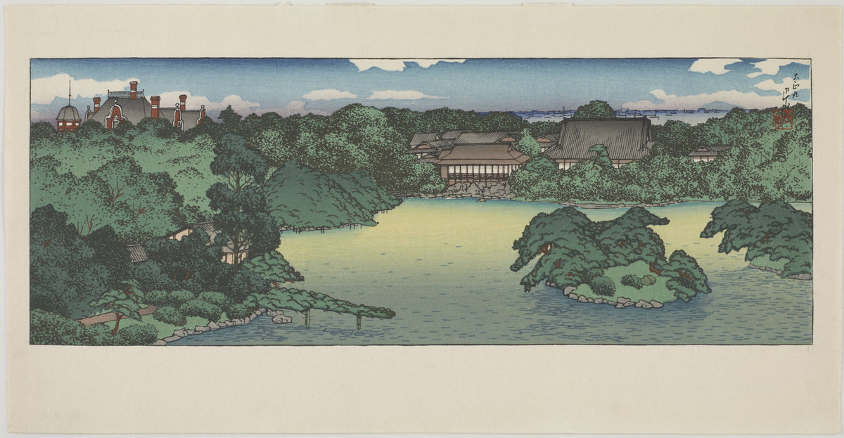 Daisensui Pond, Mitsubishi Villa at Fukagawa by Kawase Hasui — A wooded garden pond with a tree-covered island under blue sky