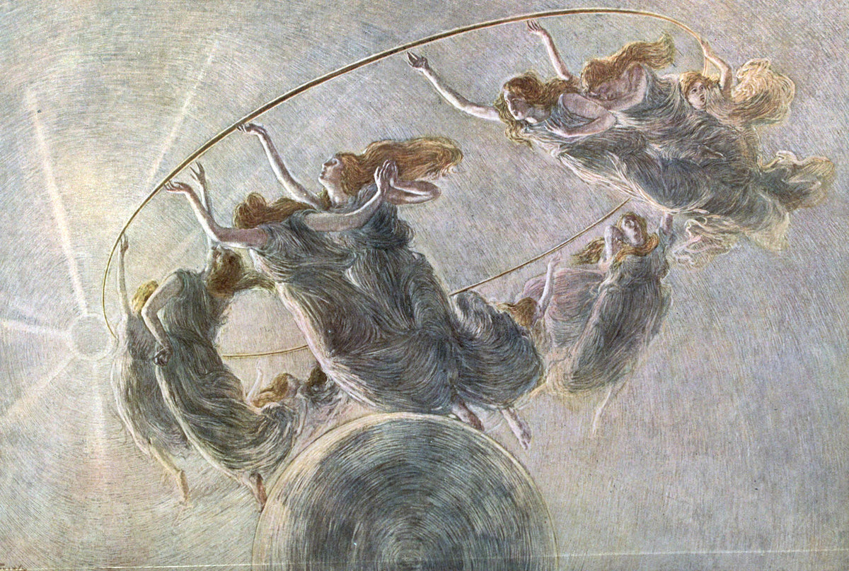 Dance of the Hours by Gaetano Previati — Women with streaming red-gold hair whirl round a golden hoop in a sky