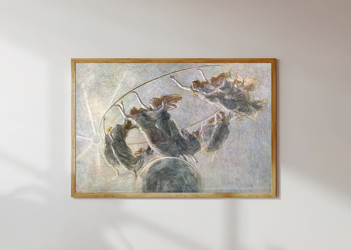 Framed art print of Dance of the Hours by Gaetano Previati, in a light wood frame on a sunlit white wall