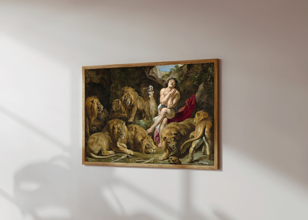 Framed art print of Daniel in the Lions' Den by Peter Paul Rubens, in a light wood frame on a sunlit white wall, seen at a slight angle