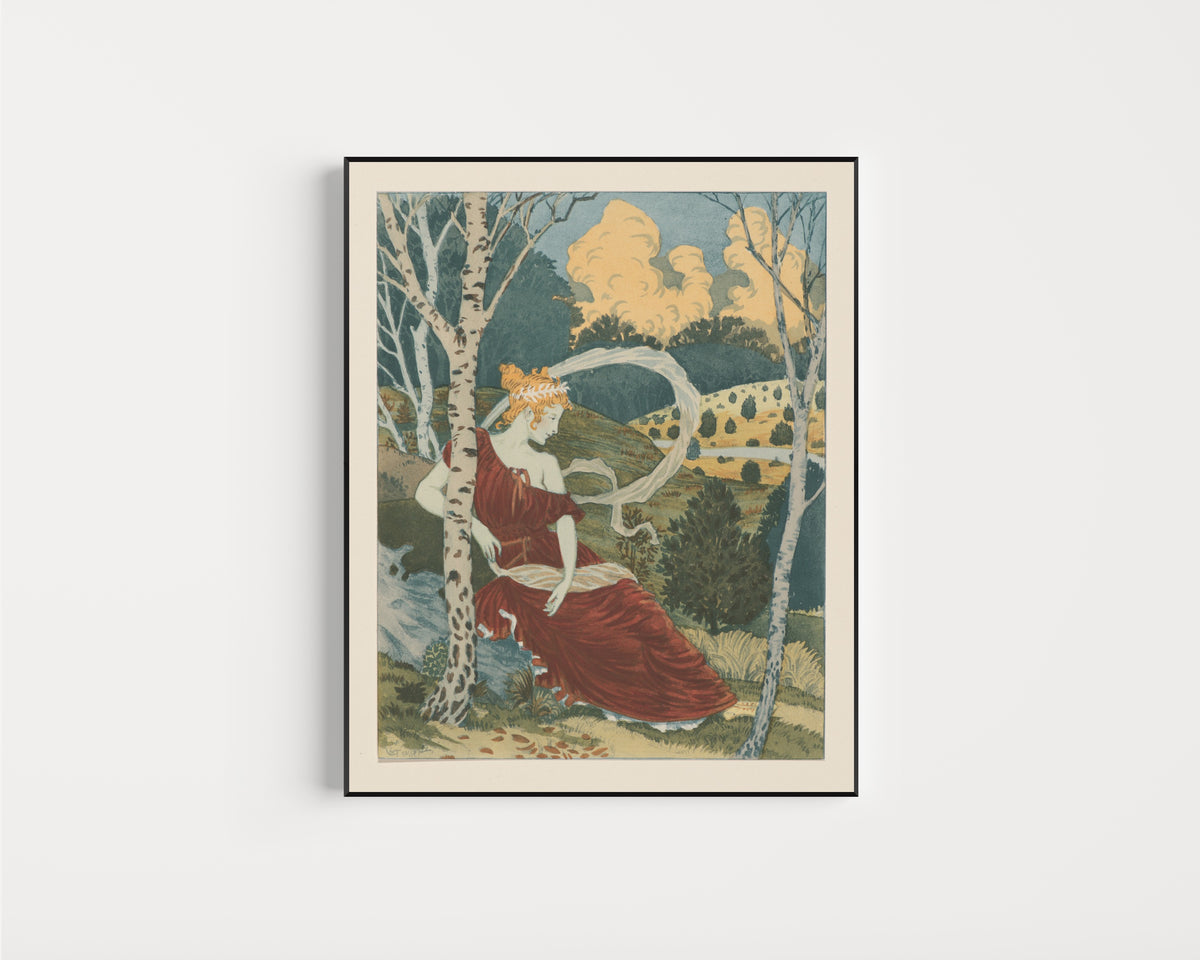 Framed art print of Dans Les Bois by Eugène Grasset, in a slim black frame on a plain white wall