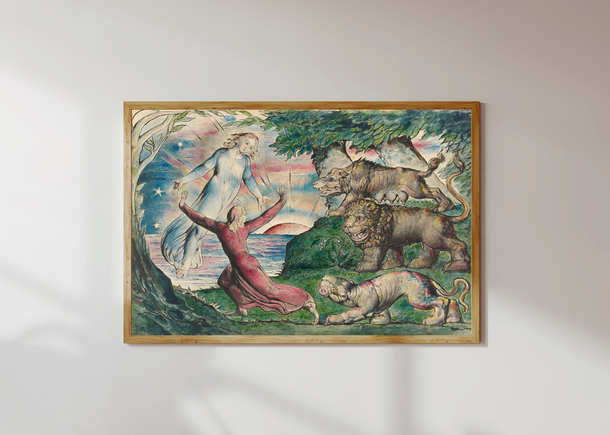 Framed art print of Dante Running from the Three Beasts by William Blake, in a light wood frame on a sunlit white wall