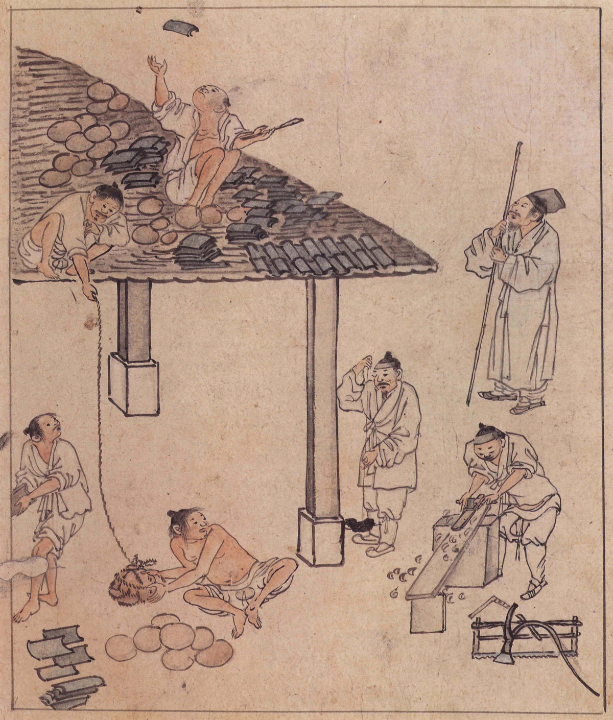 Kim Hong-do (Danwon) — Danwon Genre Painting Album: Laying Roof Tiles | Korean Painting Art Print