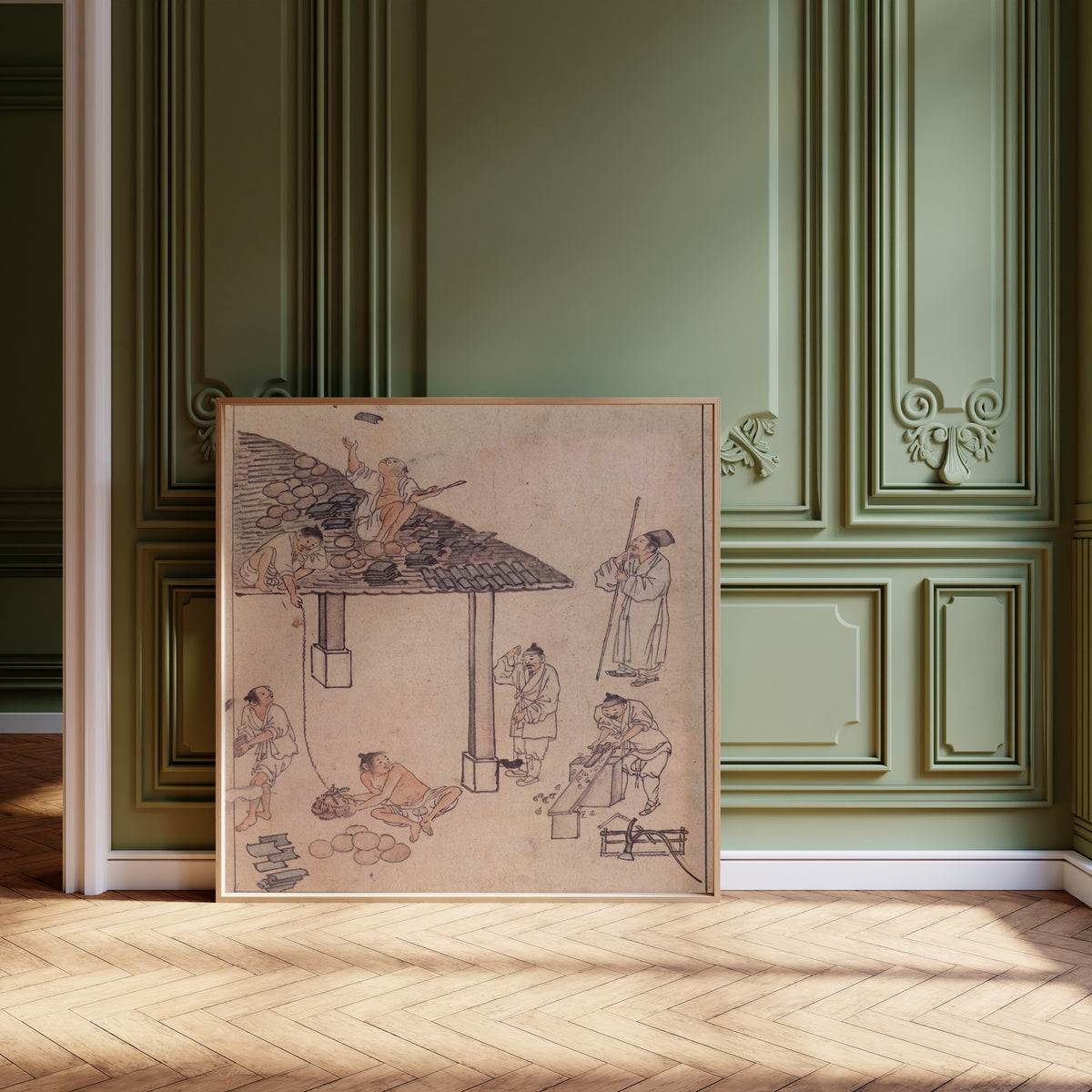 Kim Hong-do (Danwon) — Danwon Genre Painting Album: Laying Roof Tiles | Korean Painting Art Print