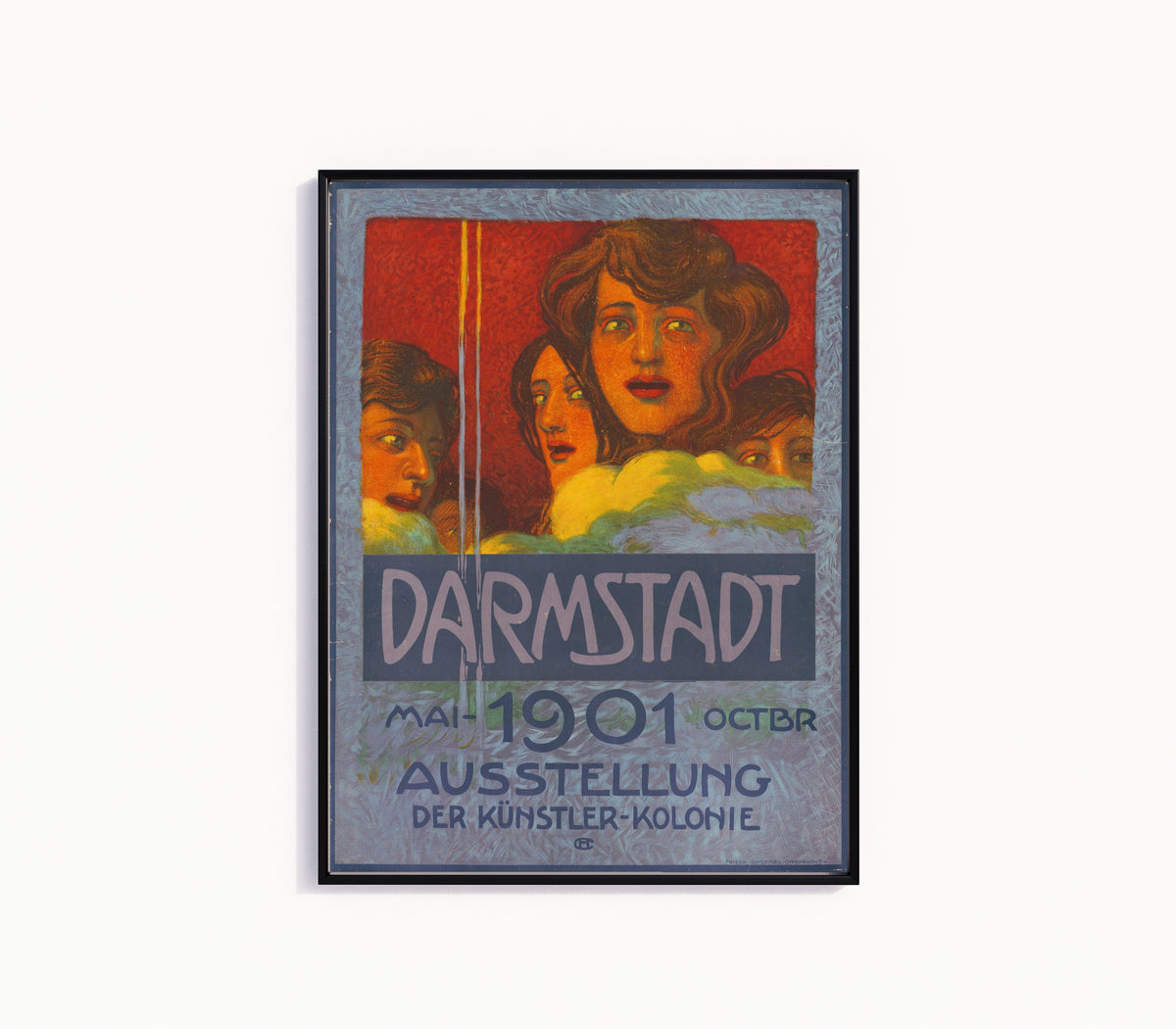 Framed art print of Darmstadt 1901: Ausstellung der Künstler-Kolonie by Hans Christiansen, in a slim black frame on a plain white wall