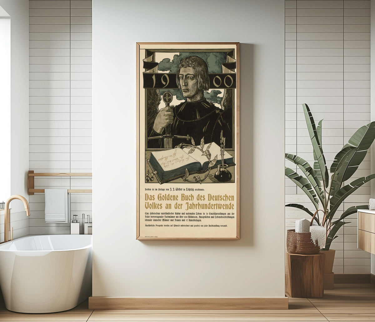 Framed art print of Das Goldene Buch des Deutschen Volkes an der Jahrhundertwende by Joseph Sattler, in a bathroom beside a freestanding tub