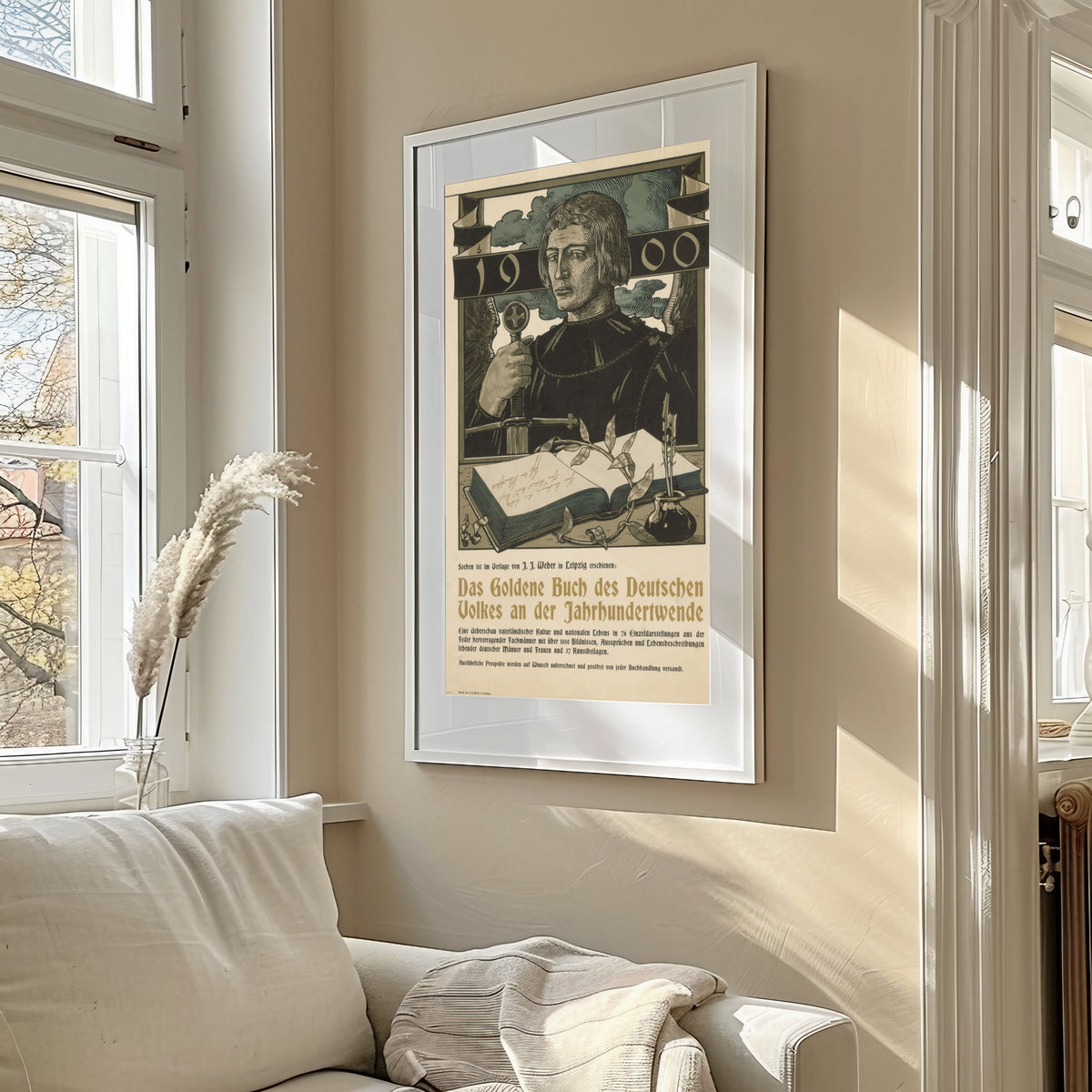 Framed art print of Das Goldene Buch des Deutschen Volkes an der Jahrhundertwende by Joseph Sattler, in a sunlit living room above a sofa