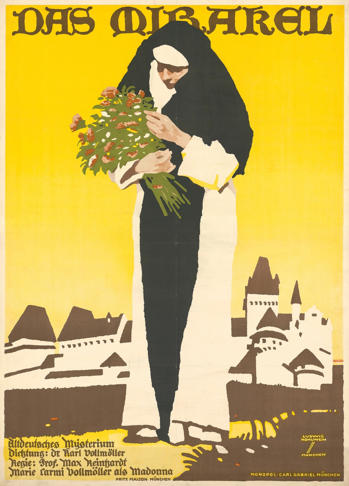 Das Mirakel by Ludwig Hohlwein — A nun with a bouquet stands tall above a medieval town
