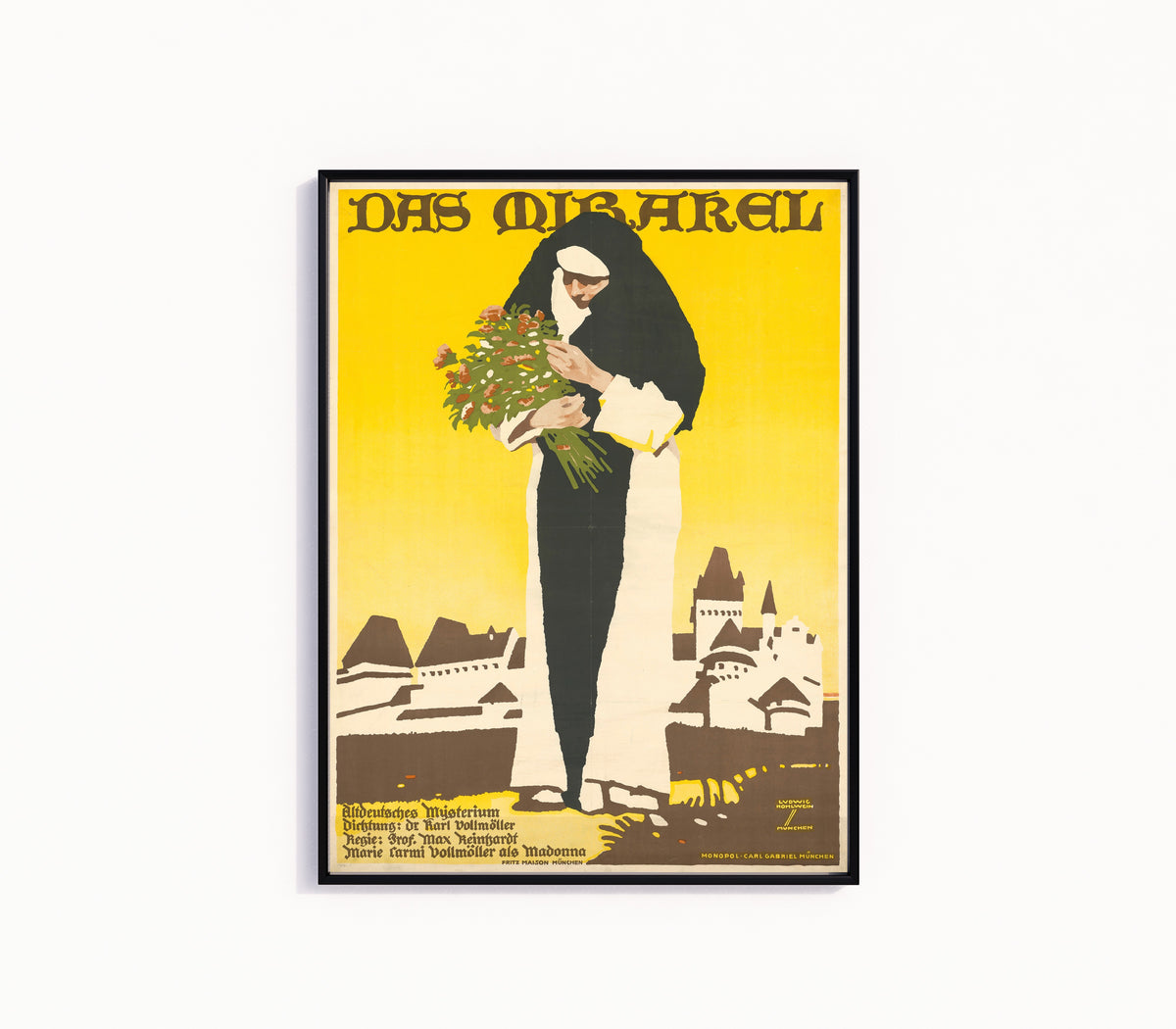 Framed art print of Das Mirakel by Ludwig Hohlwein, in a slim black frame on a plain white wall