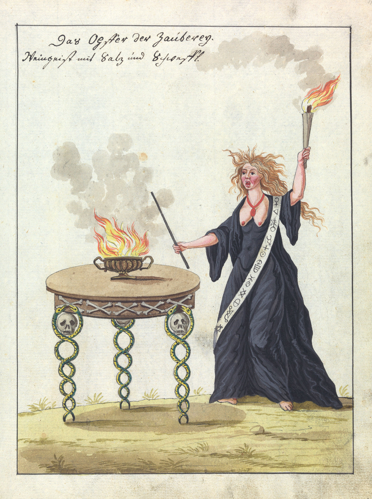 Das Opfer der Zauberey by Unknown artist — A wild-haired sorceress raises a torch beside a serpent-legged table