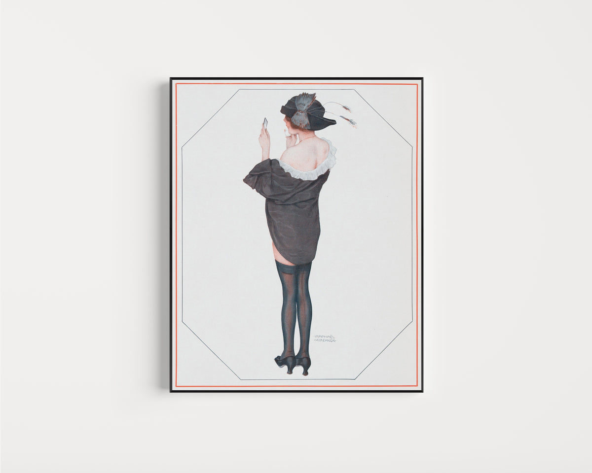 Framed art print of De la Brune à la Blonde, Pl. 2: Entre Deux Poses by Raphael Kirchner, in a slim black frame on a plain white wall
