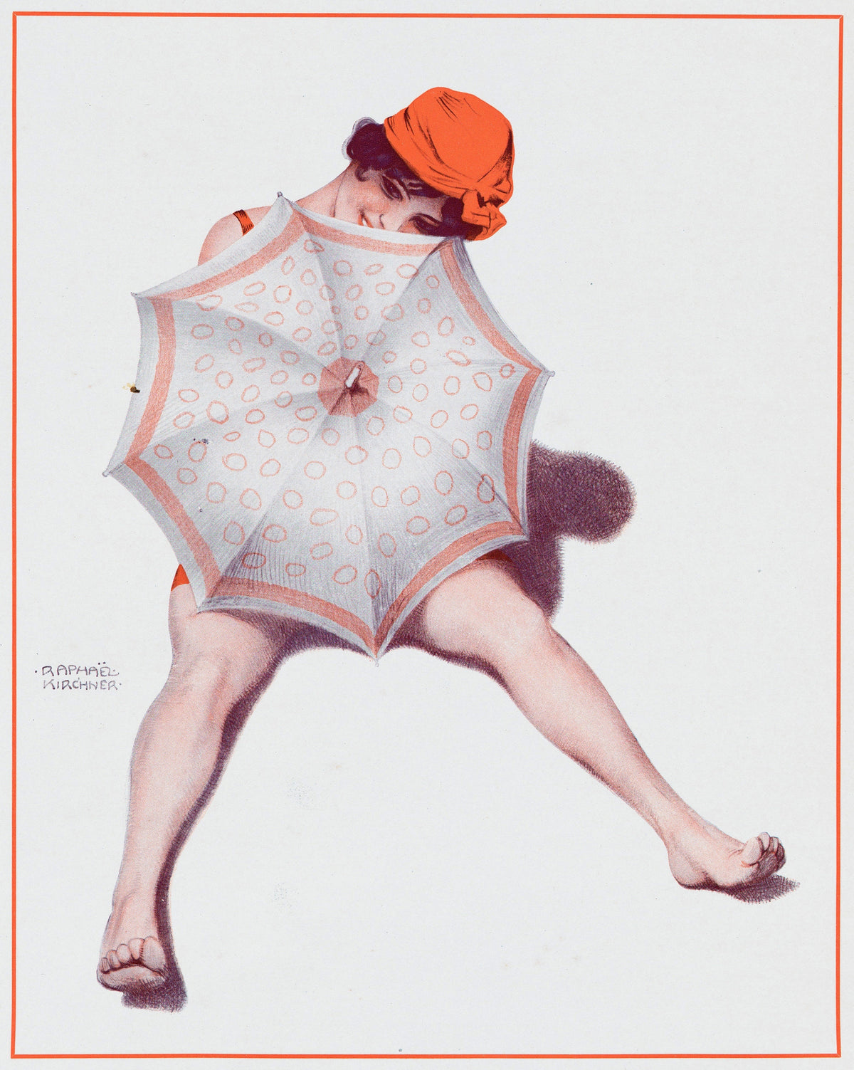De la Brune à la Blonde, Pl. 5: Au Bord de la Mer by Raphael Kirchner — A bather in an orange cap peeks over a polka-dot parasol