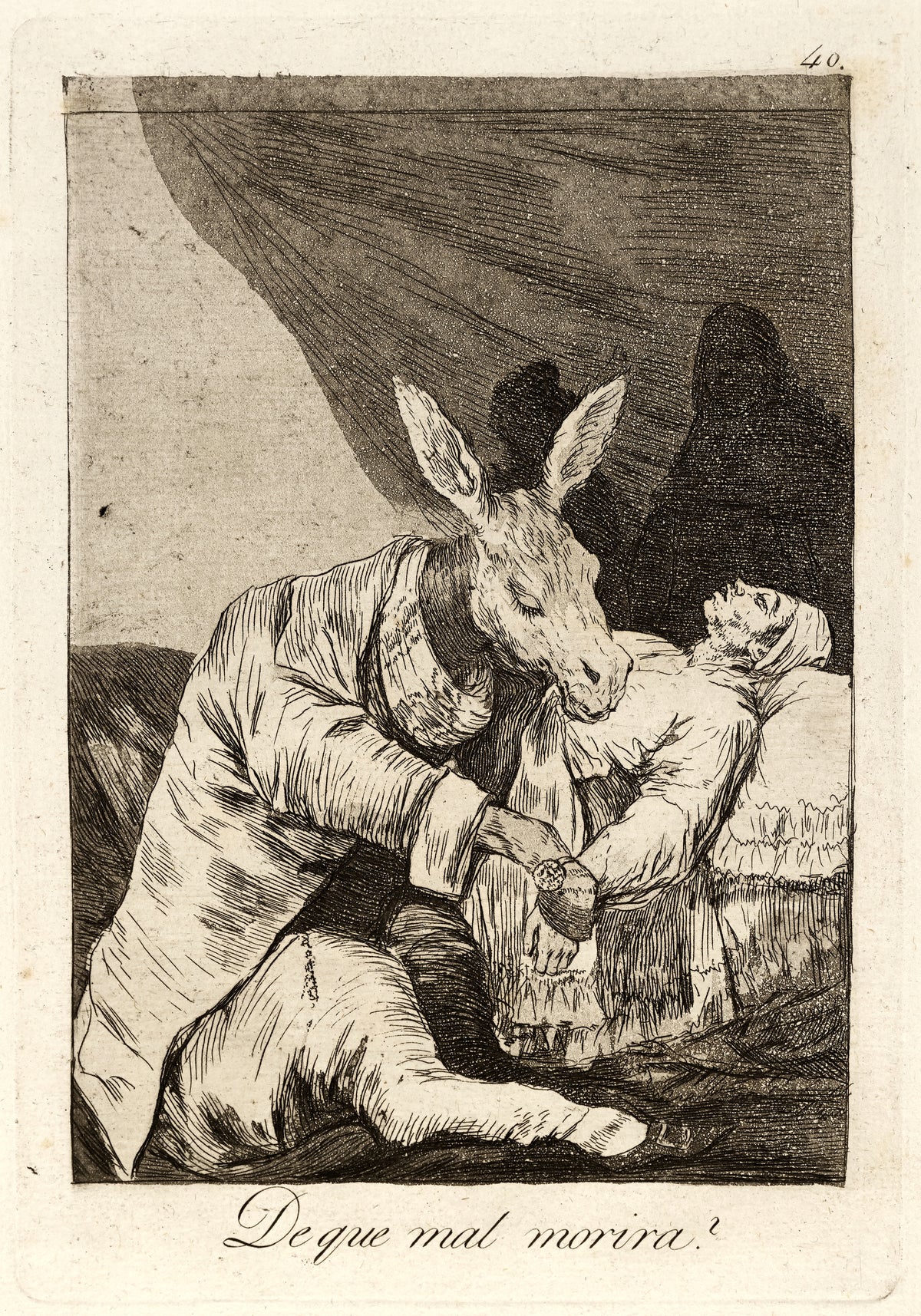 De que mal morira? (Of What Ill Will He Die?), Los Caprichos, Plate 40 by Francisco de Goya — A donkey in a frock coat takes the pulse of a patient in bed