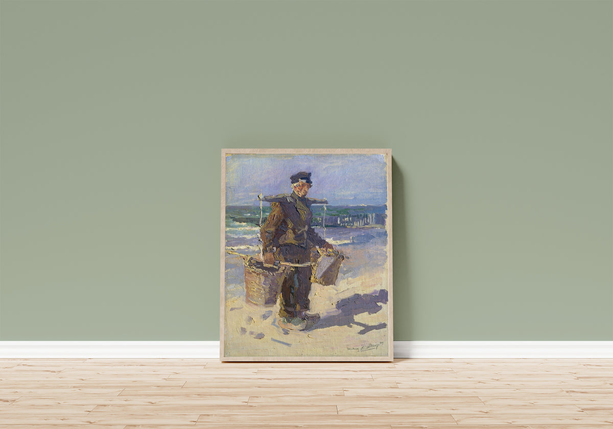 Framed art print of De schelpenvisser by Jan Toorop, in a light wood frame leaning on a sage green wall above a wooden floor