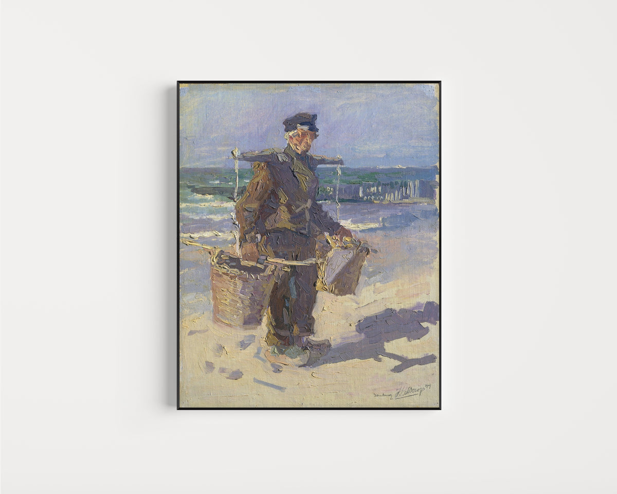 Framed art print of De schelpenvisser by Jan Toorop, in a slim black frame on a plain white wall