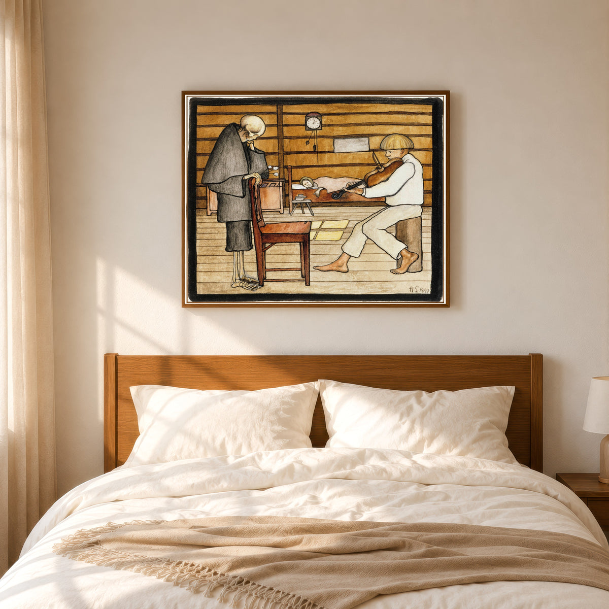 Framed art print of Death Listens by Hugo Simberg, in a slim wood frame above a bed in a sunlit bedroom