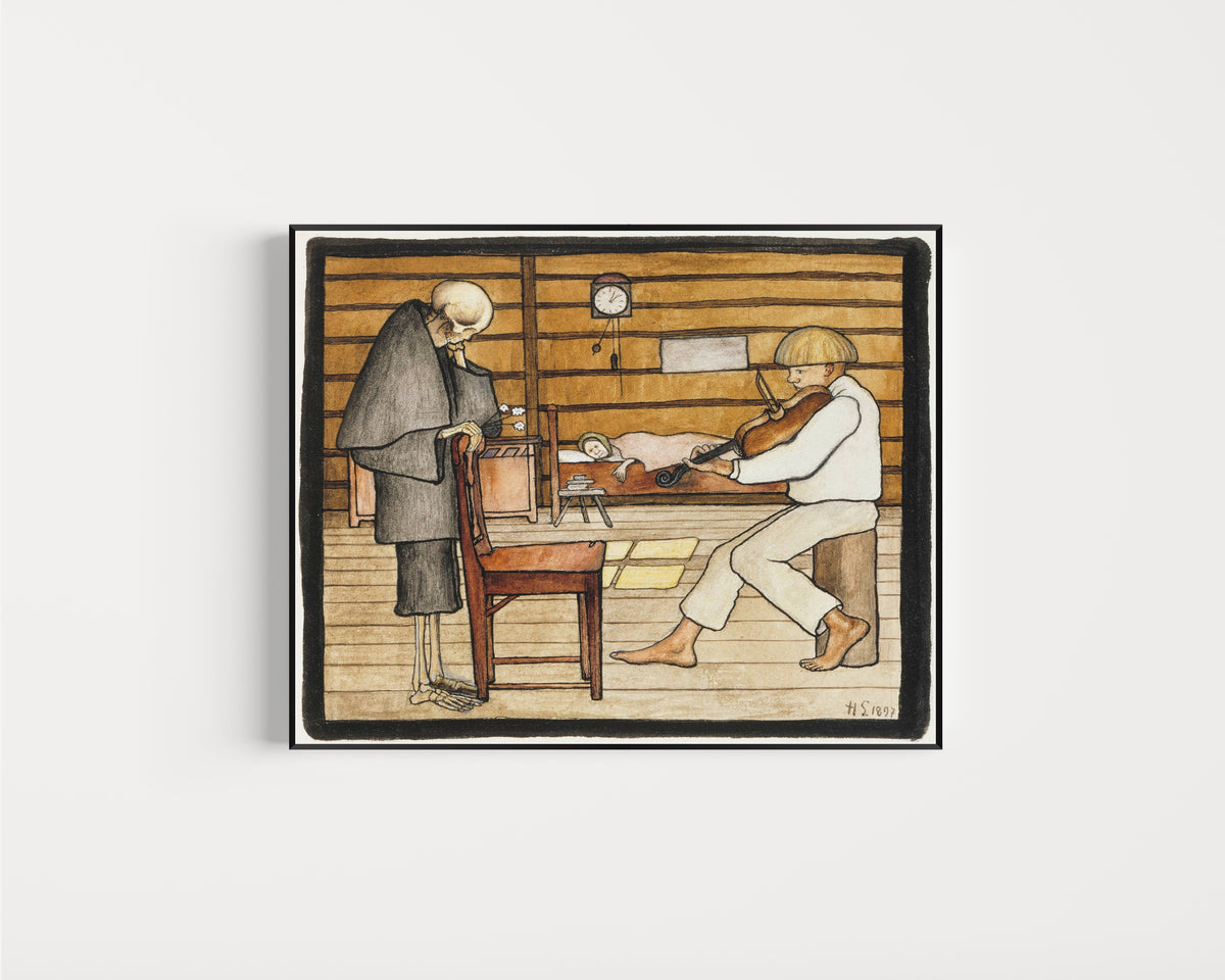 Framed art print of Death Listens by Hugo Simberg, in a slim black frame on a plain white wall