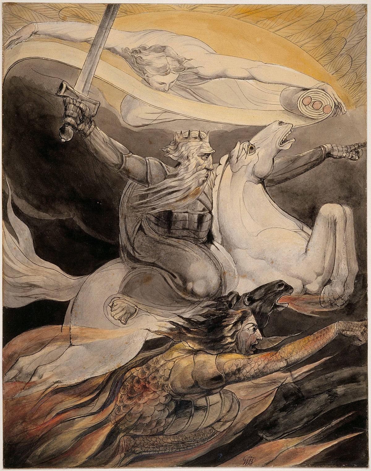 Death on a Pale Horse by William Blake — A crowned rider with a sword charges on a white horse through flame