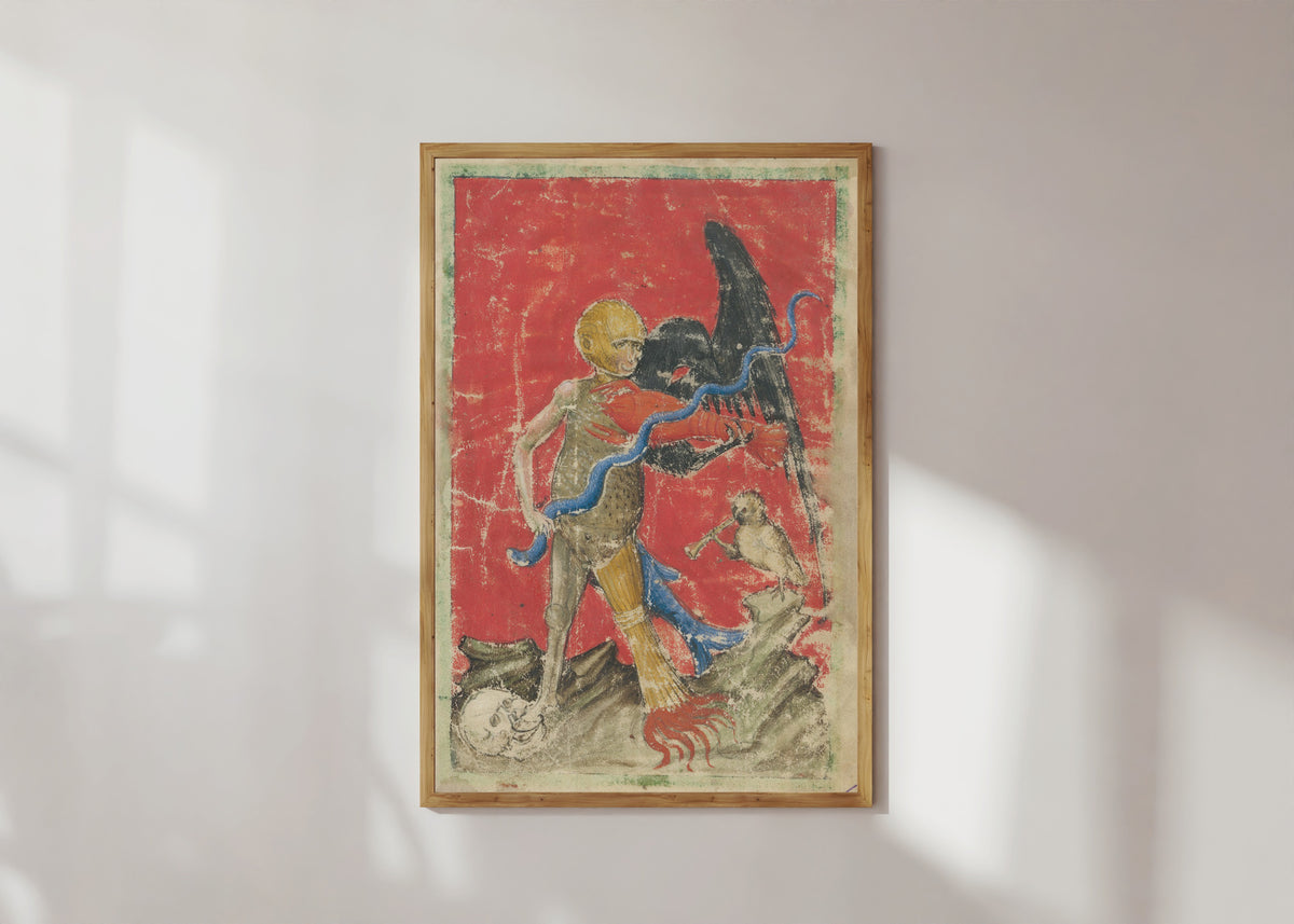 Framed art print of Death with a Serpent and an Eagle (Aurora Consurgens) by Unknown artist, in a light wood frame on a sunlit white wall