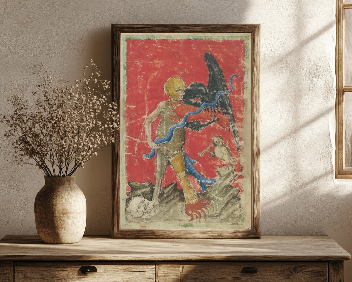 Framed art print of Death with a Serpent and an Eagle (Aurora… by Unknown artist, in a dark wood frame leaning on a rustic console beside dried flowers