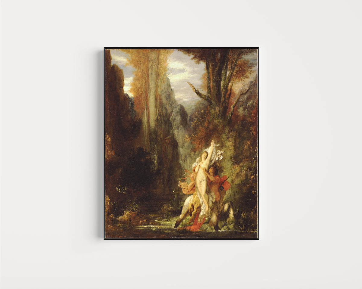 Framed art print of Dejanira by Gustave Moreau, in a slim black frame on a plain white wall