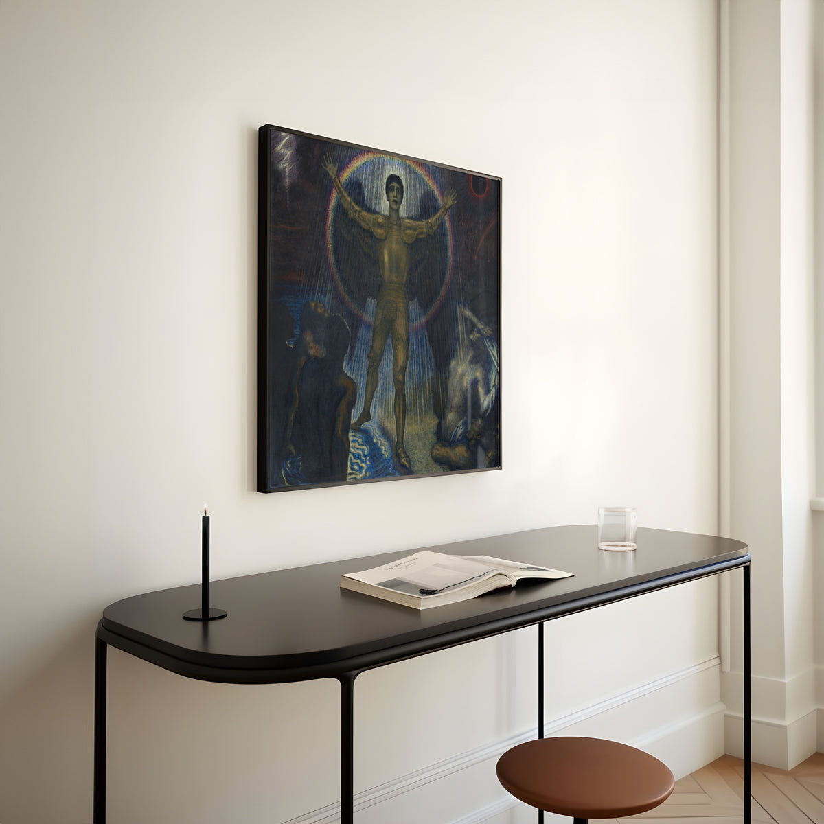 Framed art print of Der Engel des Gerichts by Franz von Stuck, above a slim black console table