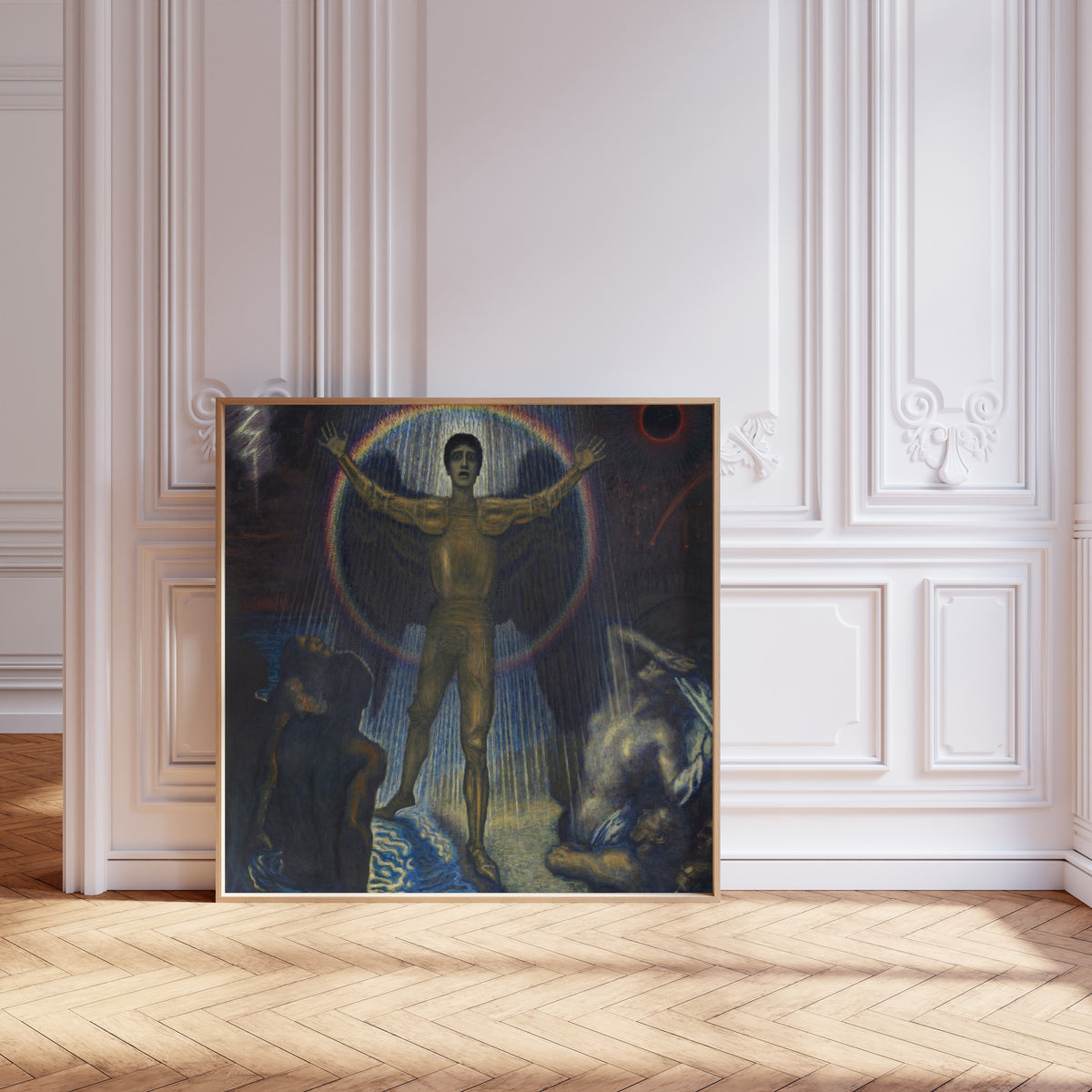 Framed art print of Der Engel des Gerichts by Franz von Stuck, leaning against pale pink panelling on a herringbone floor