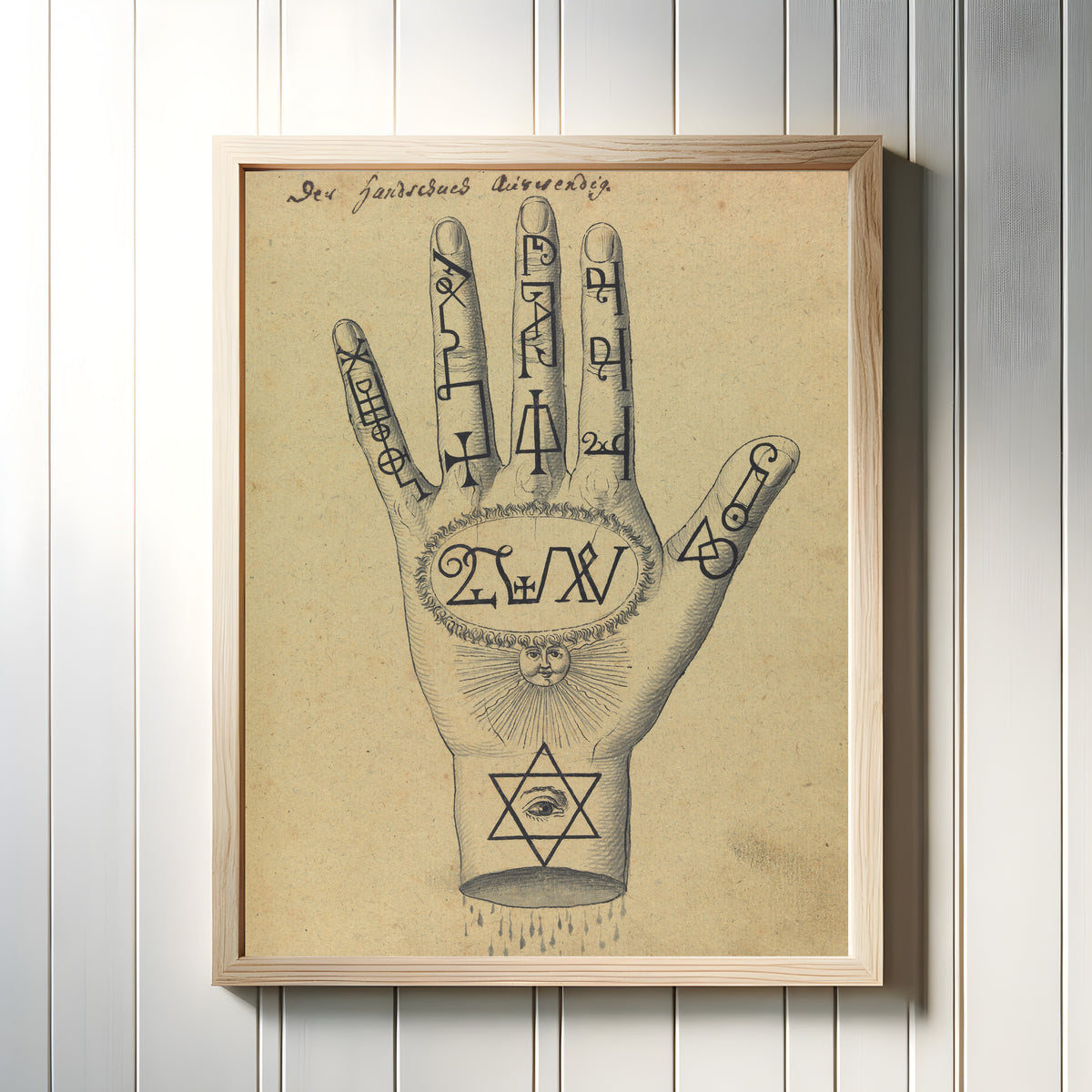 Framed art print of Der Handschuch Auswendig by Unknown artist, in a light wood frame on a white panelled wall