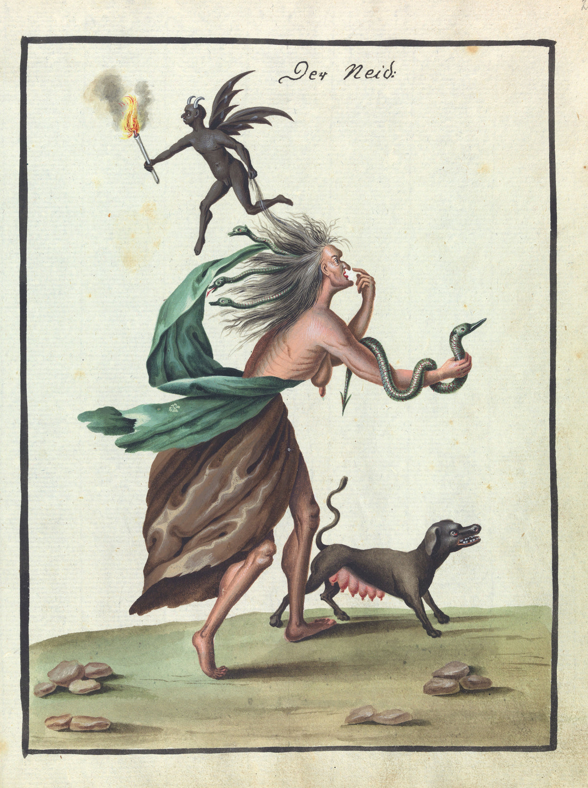 Der Neid by Unknown artist — A snake-haired hag with a black dog, driven by a winged demon