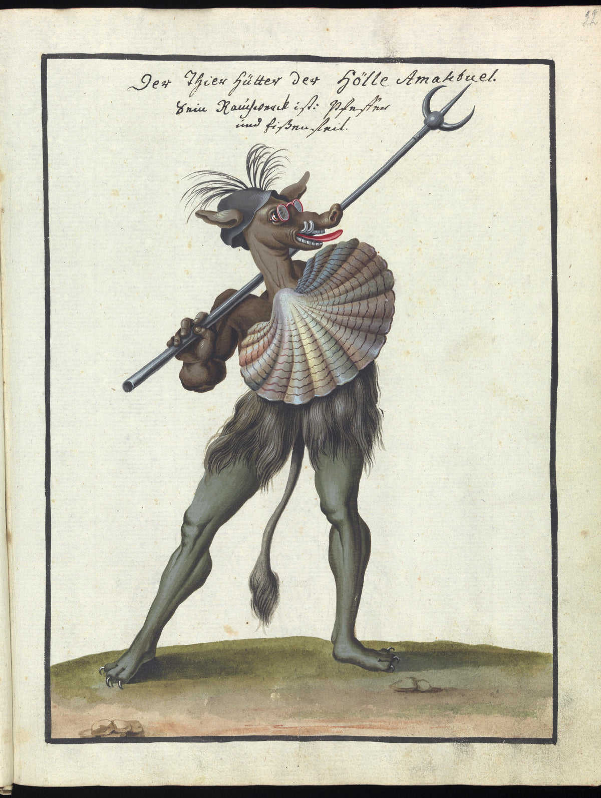 Der Thier hütter der Hölle Amakbuel (The Beast-Keeper of Hell) by Unknown artist — A tusked demon in red spectacles shoulders a crescent-pronged trident