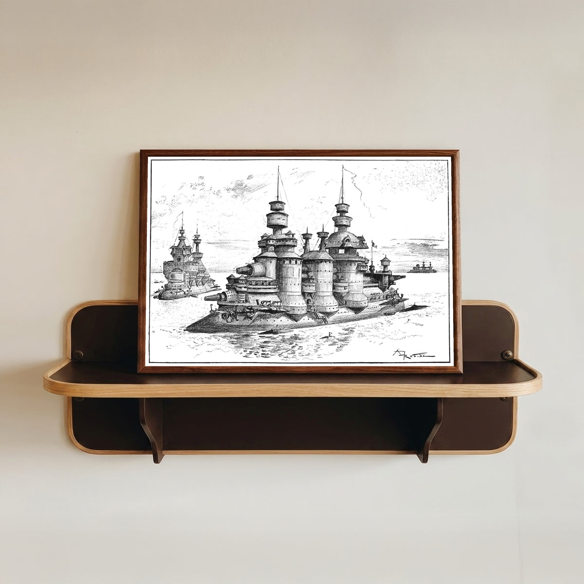 Framed art print of Les donjons flottants by Albert Robida, in a dark wood frame resting on a wall shelf