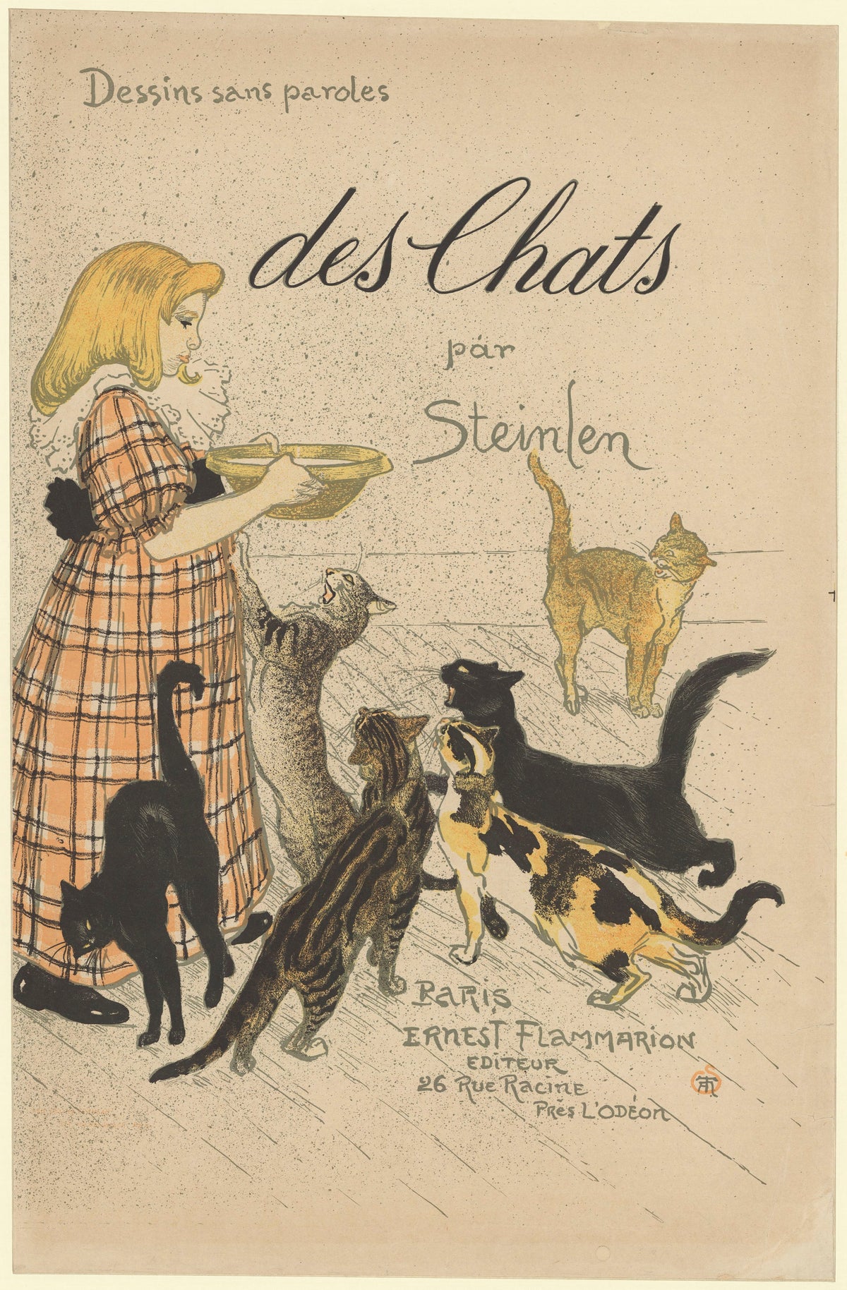 Des chats, par Steinlen (cover) by Théophile Steinlen — A girl offers a bowl of milk to a crowd of six cats