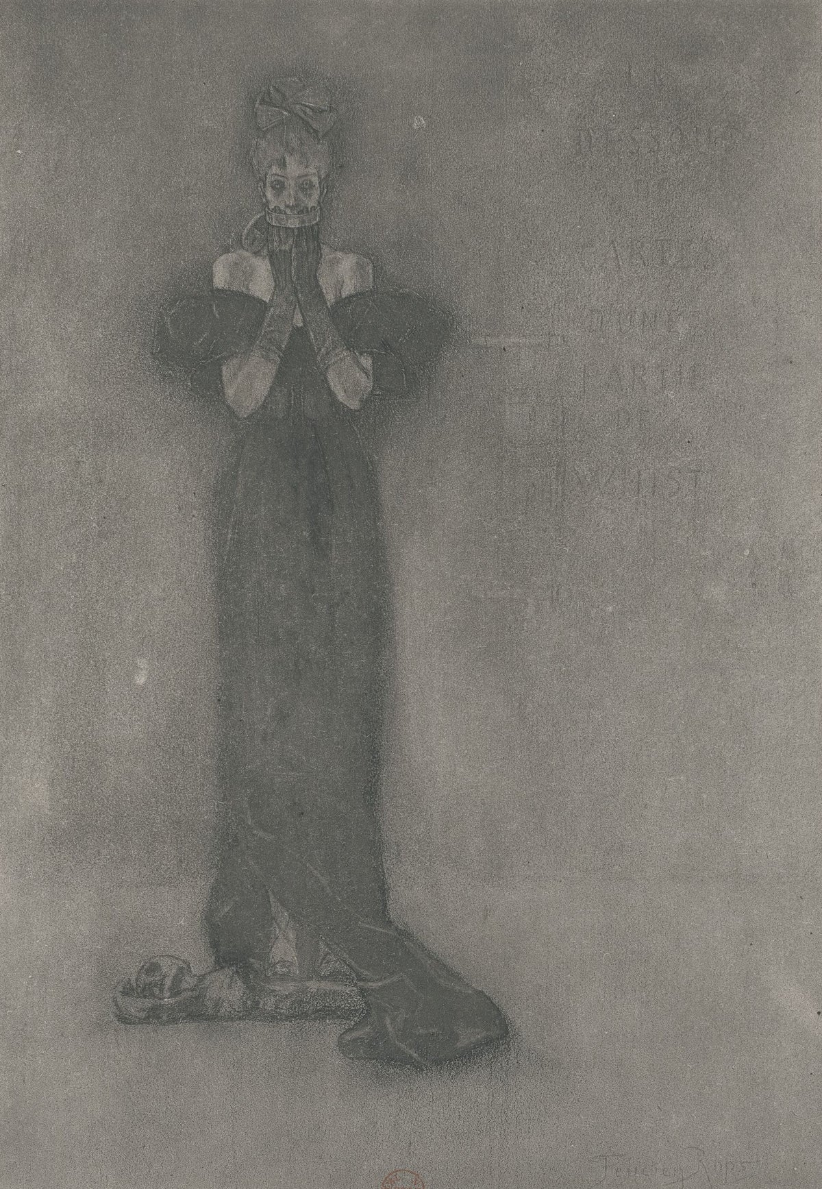 Dessous des cartes d'une partie de whist (2nd state) by Félicien Rops — A skull-faced woman in a long black gown with a skull at her hem