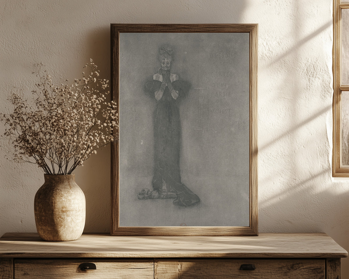 Framed art print of Dessous des cartes d'une partie de whist (2nd state) by Félicien Rops, in a dark wood frame leaning on a rustic console beside dried flowers