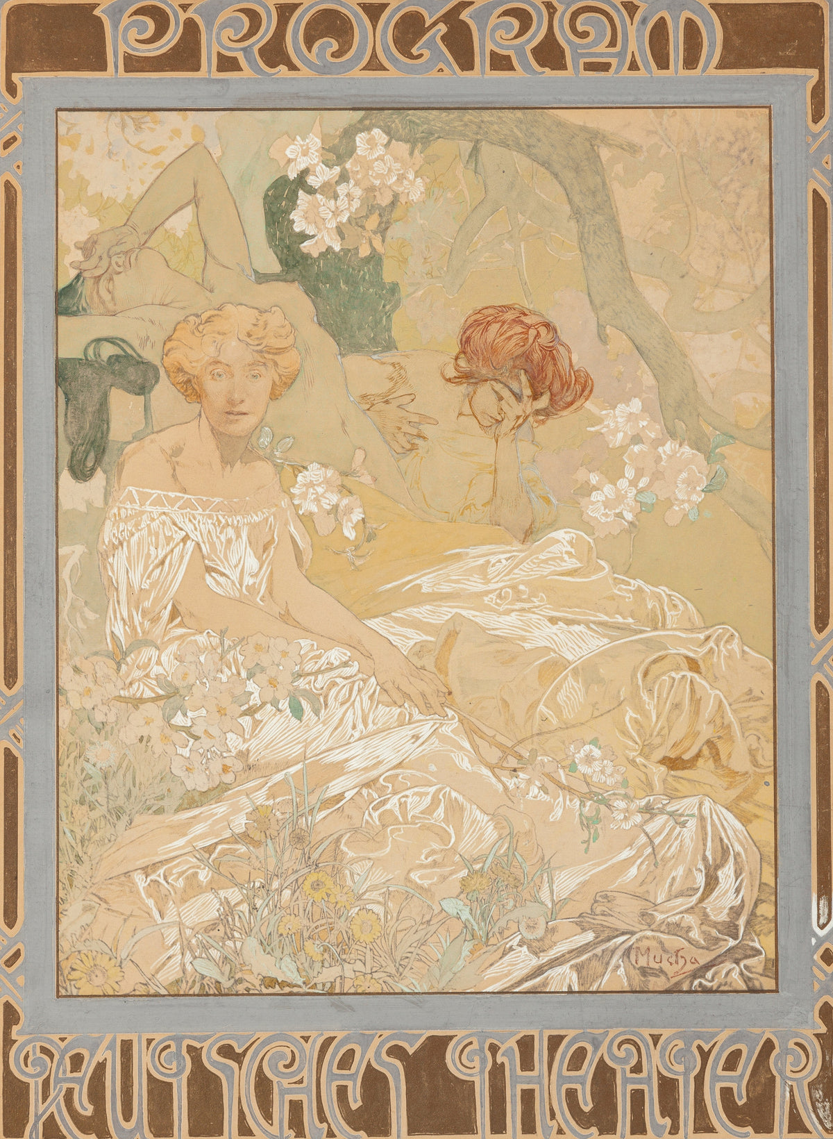Deutsches Schauspiel-Haus, Theater Program by Alphonse Mucha — Three figures rest among apple blossom inside a lettered brown frame