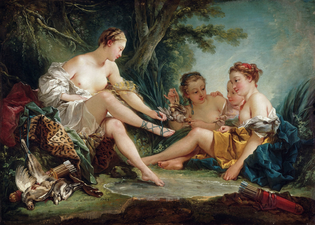 Diana Returning from the Hunt by François Boucher — Huntress and nymphs rest by a pool with their quarry