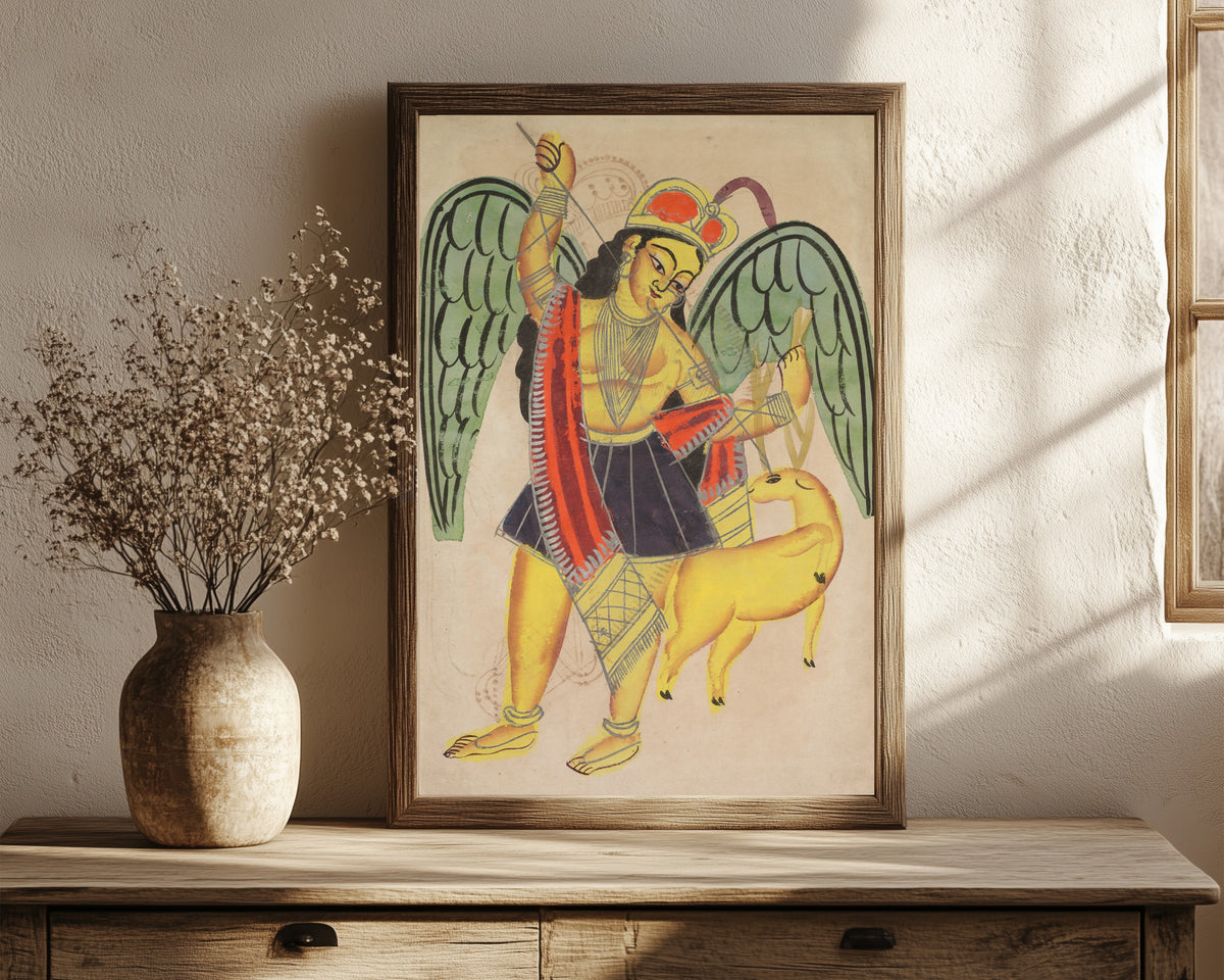 Framed art print of Diana or Artemis, Goddess of the Hunt by Kalighat painter, in a dark wood frame leaning on a rustic console beside dried flowers