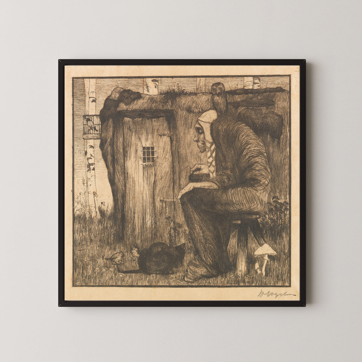 Framed art print of Die Hexe mit Eule by Heinrich Vogeler, in a black frame on a pale wall
