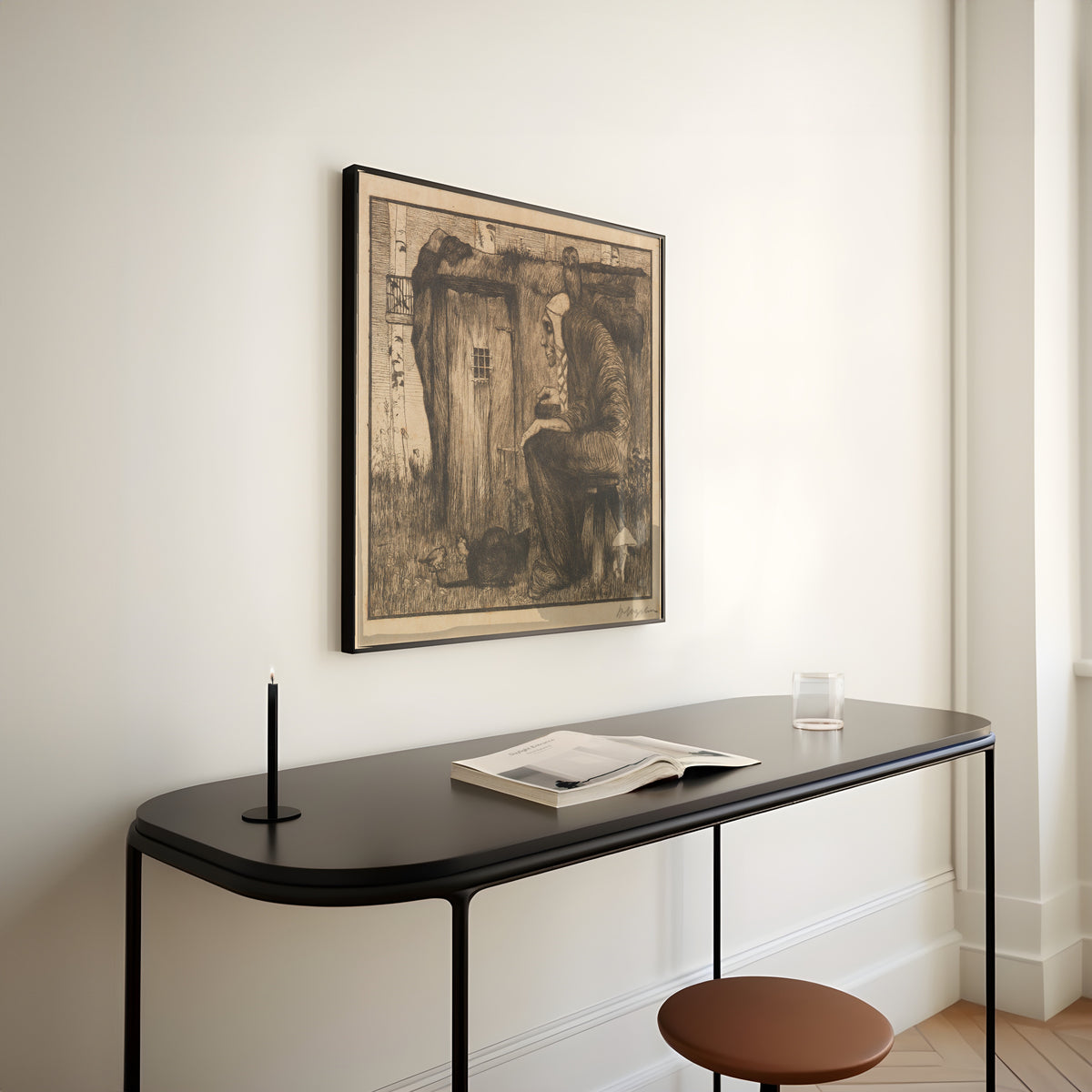 Framed art print of Die Hexe mit Eule by Heinrich Vogeler, above a slim black console table