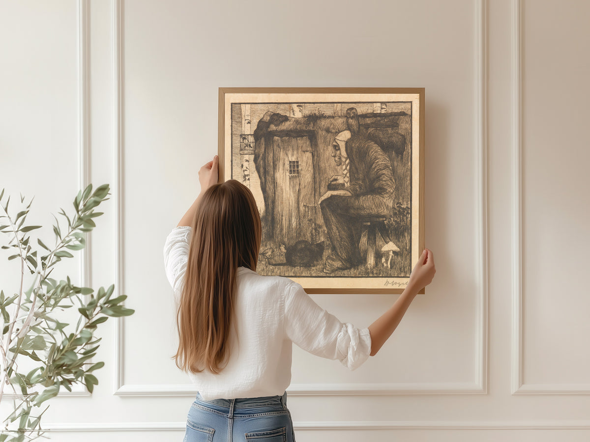 Framed art print of Die Hexe mit Eule by Heinrich Vogeler, hung on a panelled wall