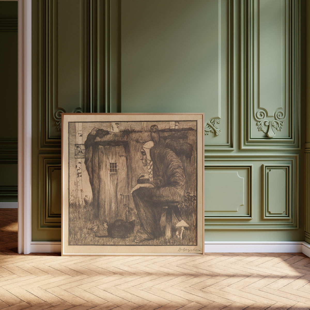 Framed art print of Die Hexe mit Eule by Heinrich Vogeler, leaning against olive-green panelling on a herringbone floor