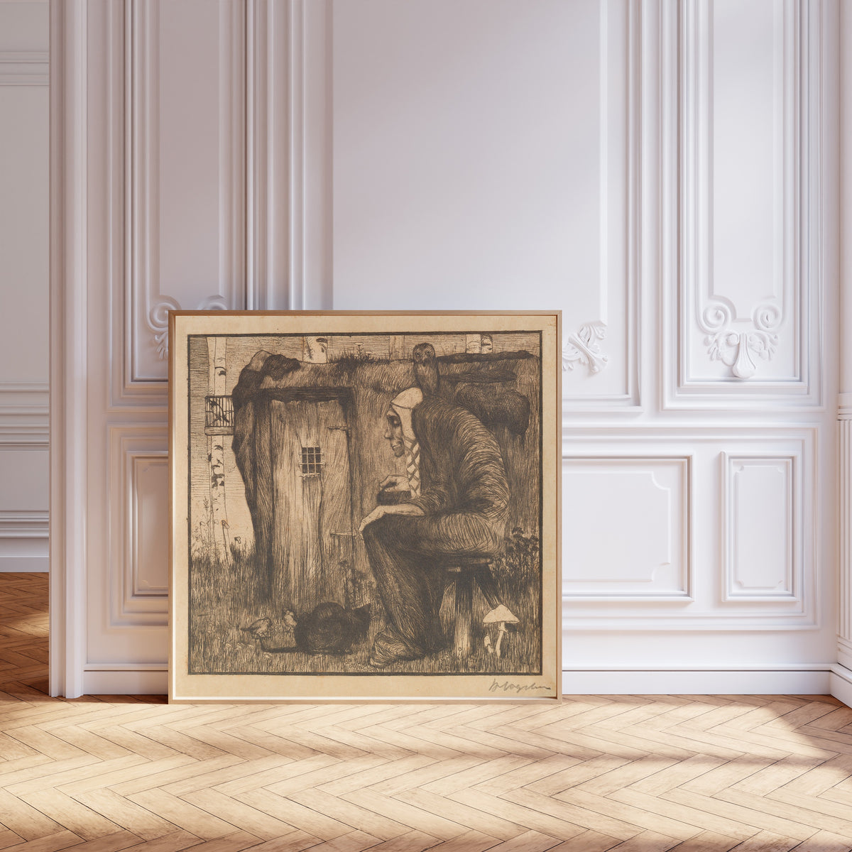 Framed art print of Die Hexe mit Eule by Heinrich Vogeler, leaning against pale pink panelling on a herringbone floor