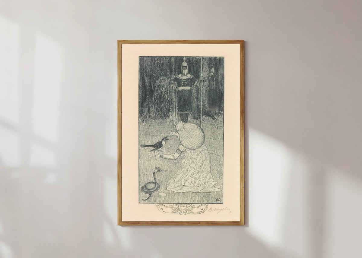 Framed art print of Die Schlangenbraut by Heinrich Vogeler, in a light wood frame on a sunlit white wall