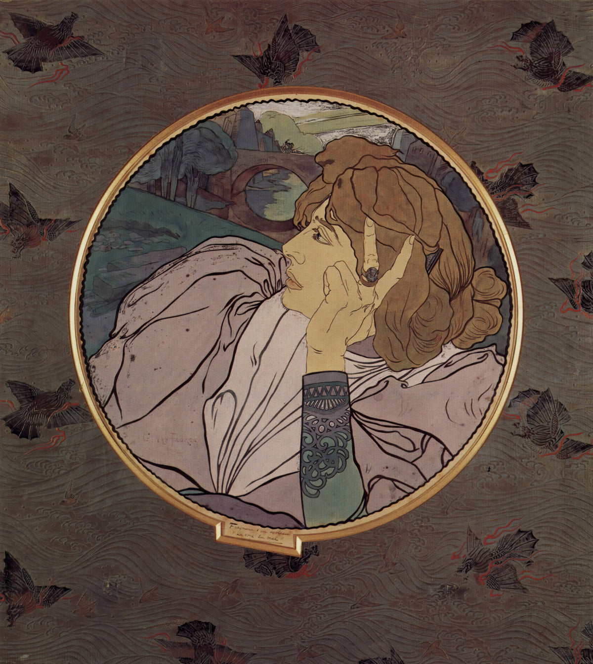 Die Stimme des Bösen oder Melancholie (Tondo) by Georges de Feure — A woman rests her cheek on her hand in a gold-ringed circle