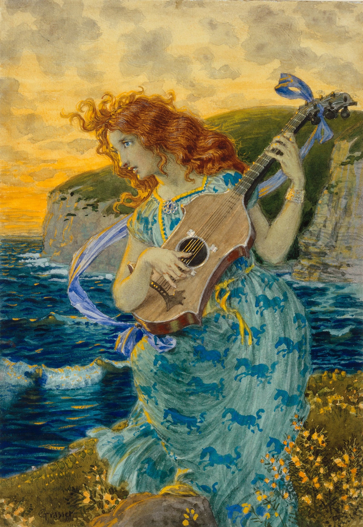 Die Tochter des Barden by Eugène Grasset — A red-haired woman plays a lute above a sea at sunset