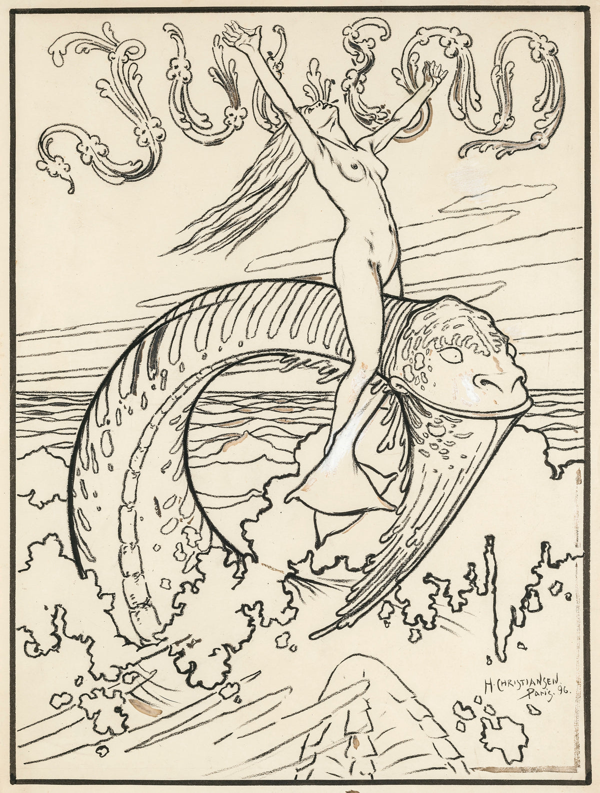 Die Woge by Hans Christiansen — A woman rides a great sea creature with her arms thrown skyward