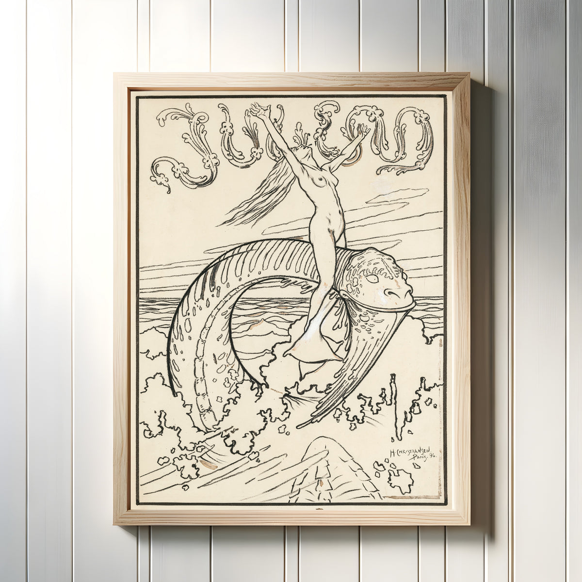 Framed art print of Die Woge by Hans Christiansen, in a light wood frame on a white panelled wall