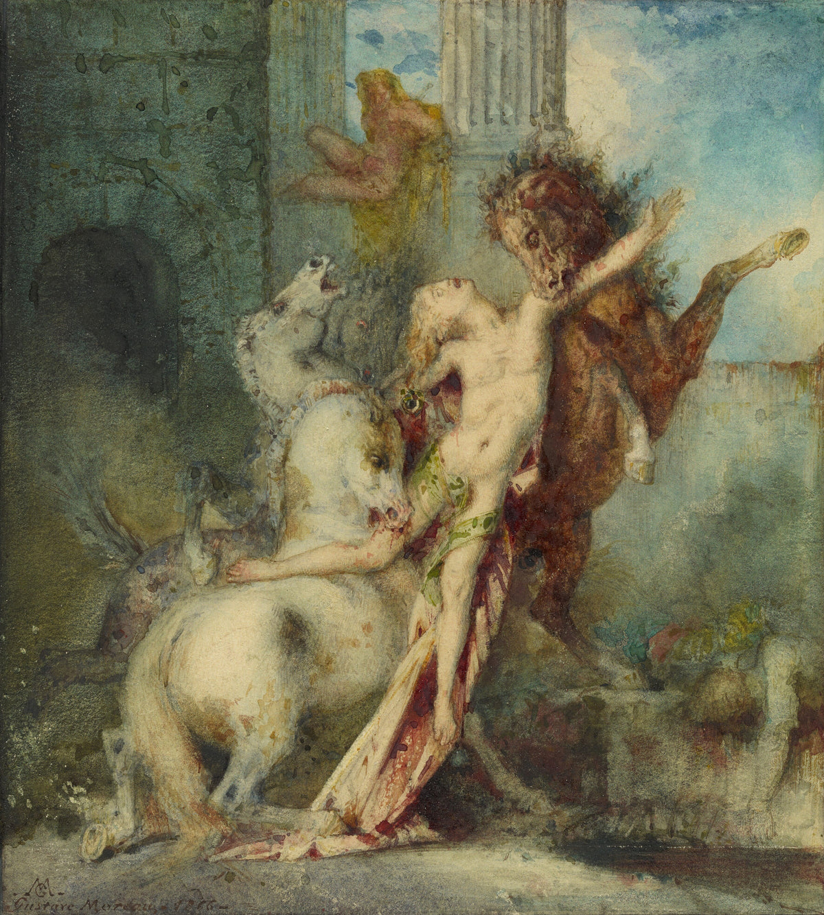 Diomedes Devoured by His Horses by Gustave Moreau — Rearing horses tear at a bleeding king before a temple colonnade
