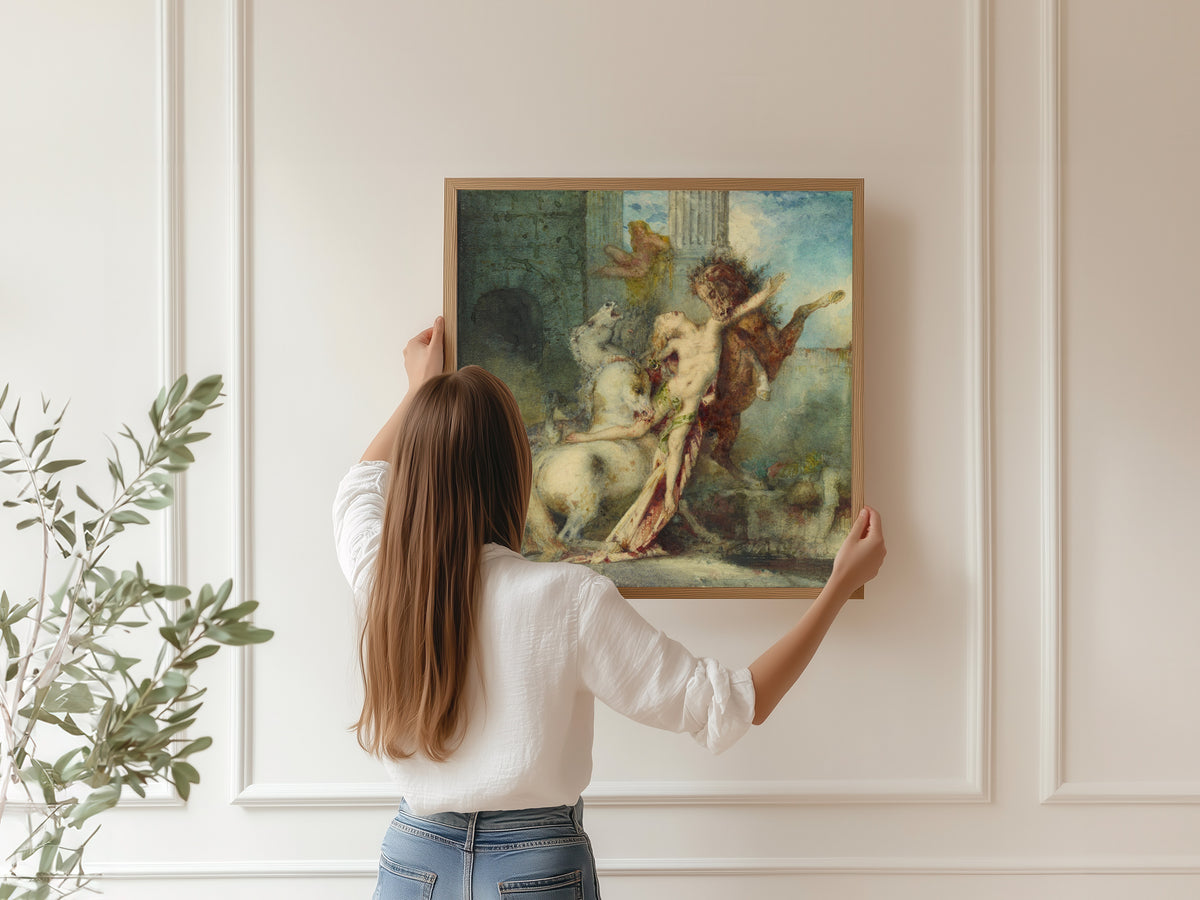 Framed art print of Diomedes Devoured by His Horses by Gustave Moreau, hung on a panelled wall