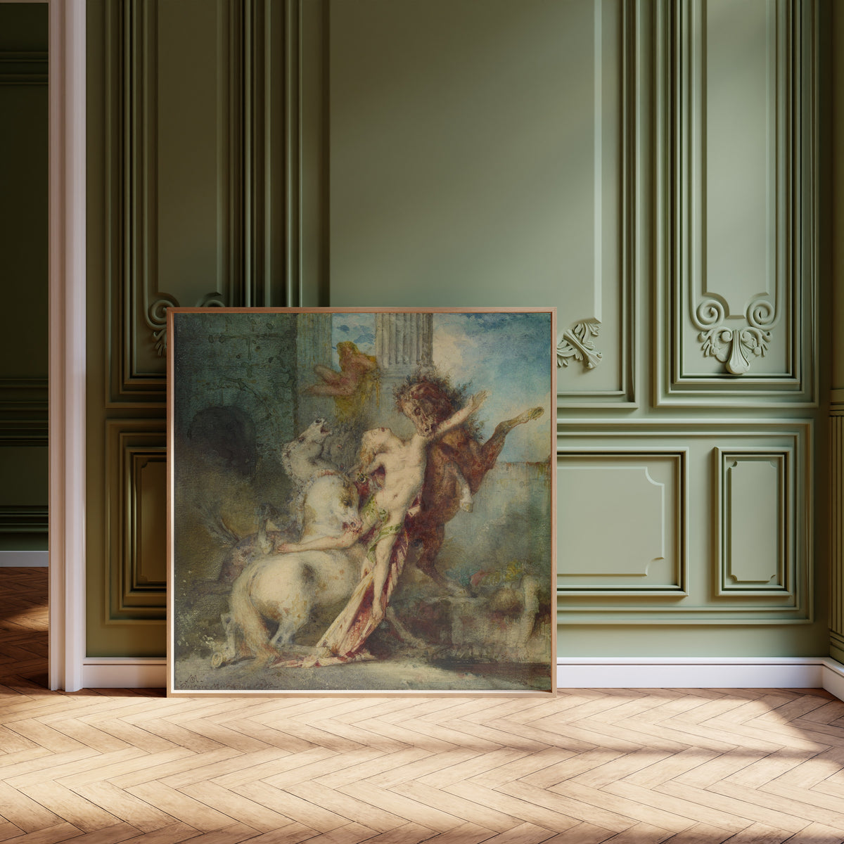 Framed art print of Diomedes Devoured by His Horses by Gustave Moreau, leaning against olive-green panelling on a herringbone floor